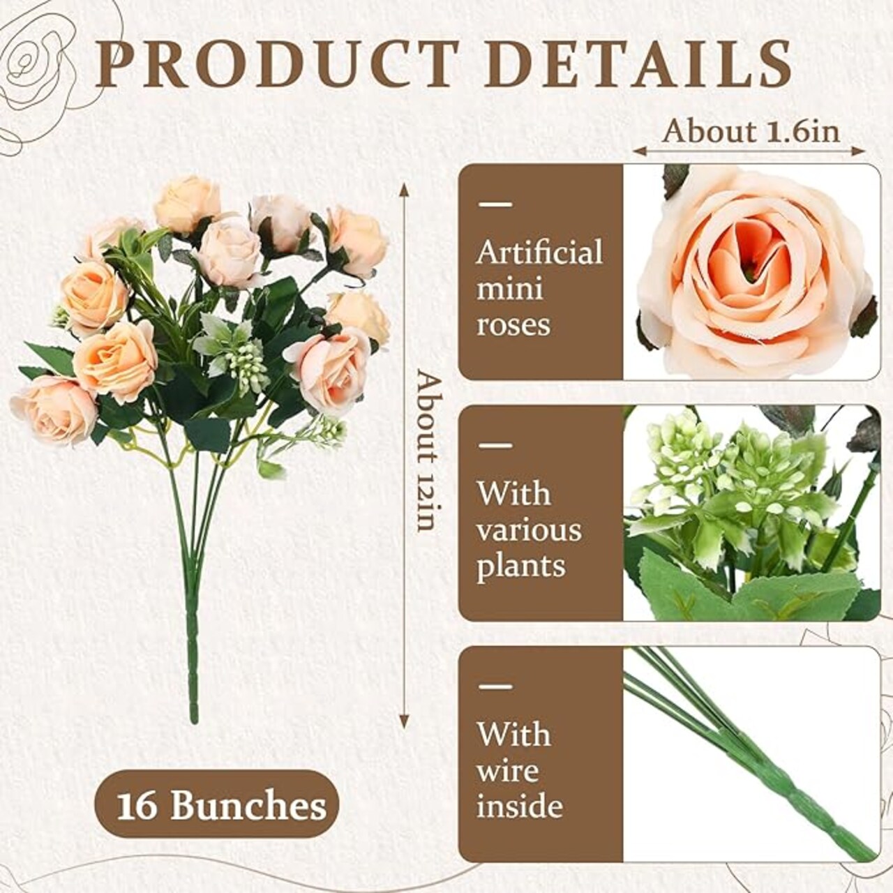 16 Bunches 12 Inch Artificial Mini Rose Bouquet – 160 Heads Champagne Silk Fake Roses Bulk Set for Wedding, Bridal Shower, Valentine’s Day, Home, Office & Event Centerpiece Floral Decor